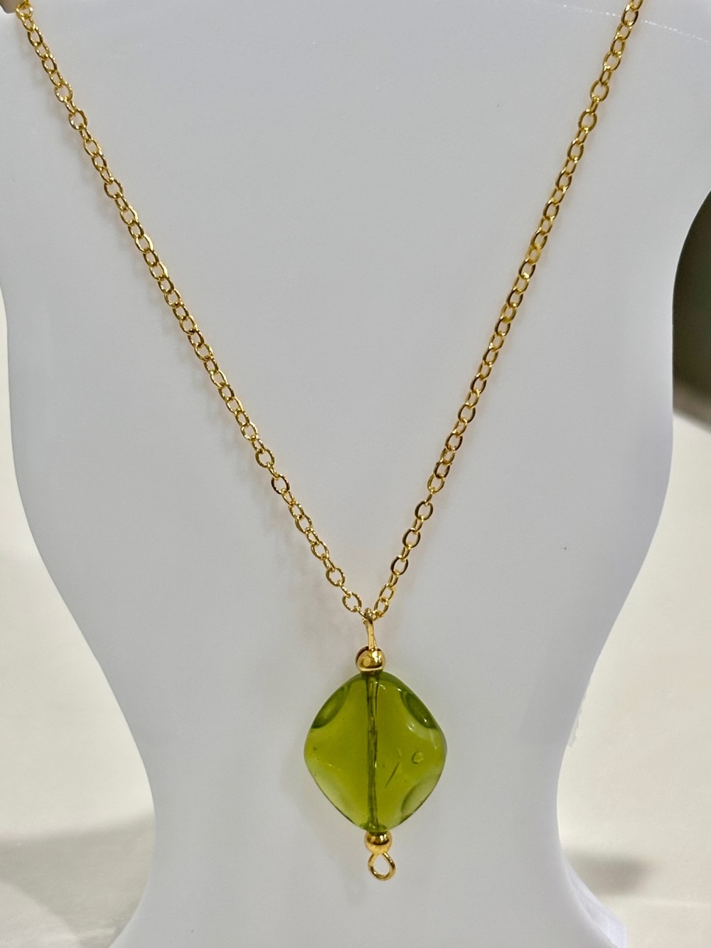 Gold Toned Chain Necklace with Diamond Shaped Peridot Green Glass Pendant